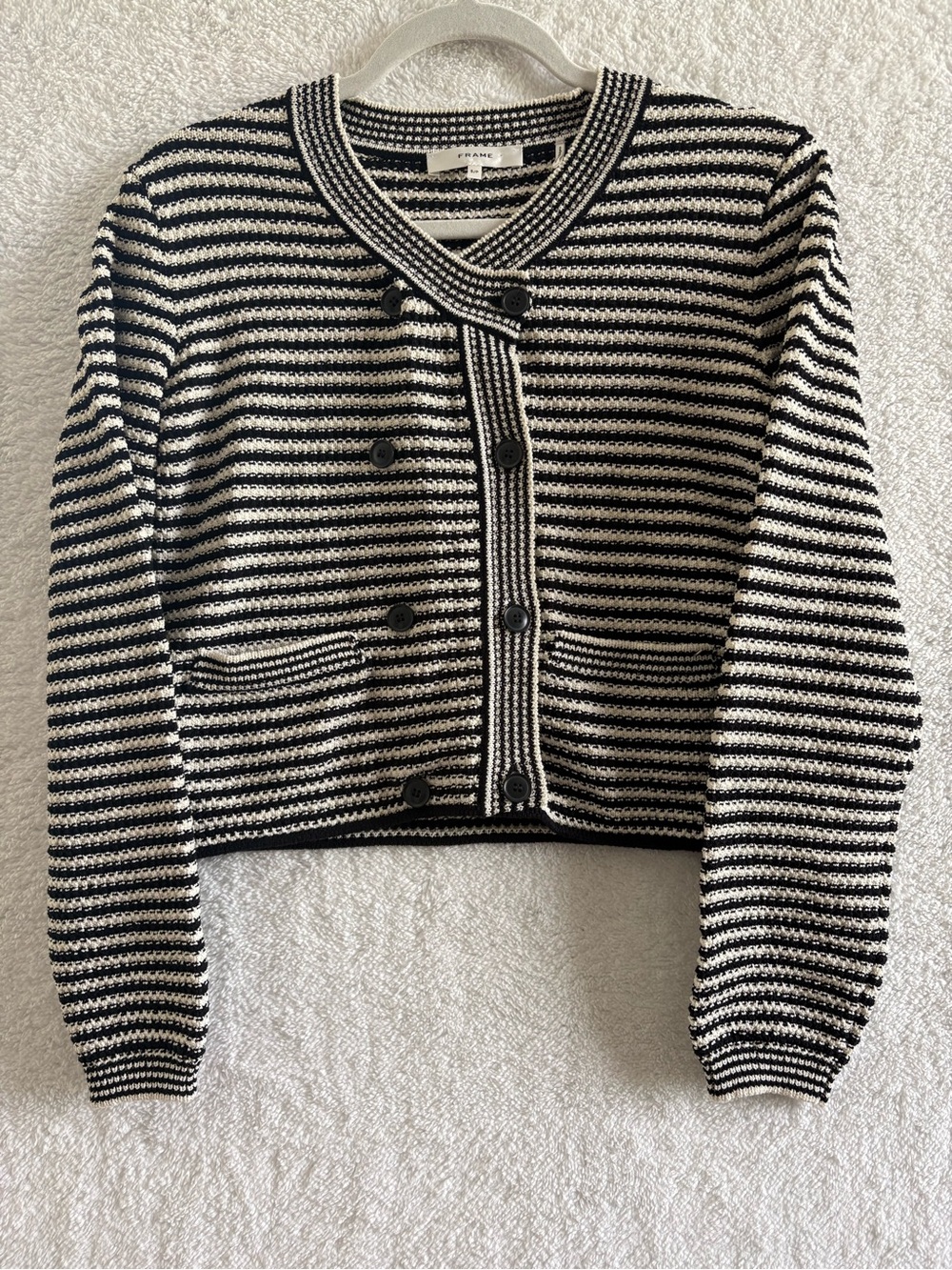 Frame Court Double Breasted Cardigan Black & Cream Stripe Size Small